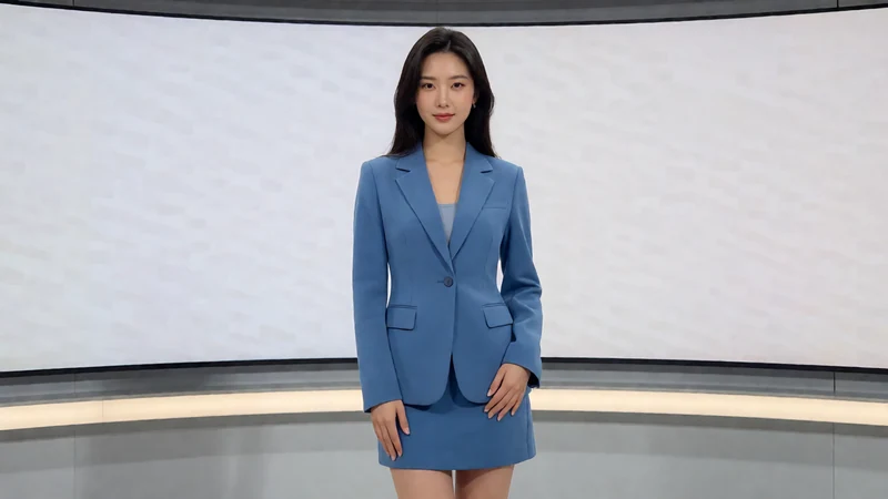 非本人主题示意：成年东亚女演员穿蓝色西装短裙站在无文字新闻摄影棚