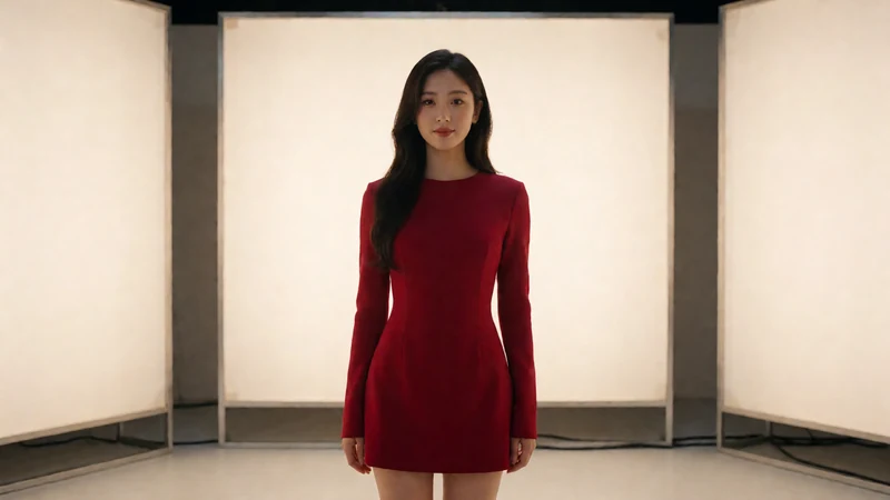 非本人主题示意：成年东亚女演员穿深红色短裙站在现代摄影棚中央