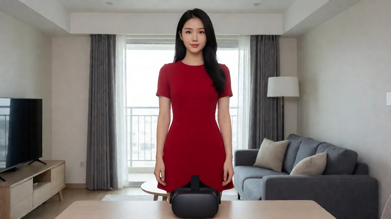 非本人主题示意：成年东亚女演员穿红色短裙站在现代室内，前景放着VR头显